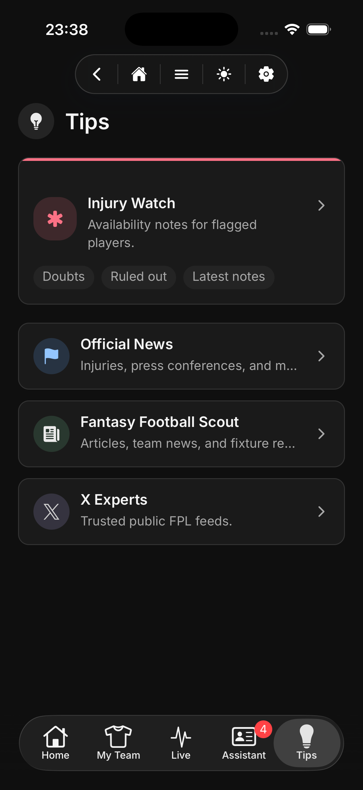Meta FPL tips screen showing injury watch, official news, and trusted fantasy football sources.
